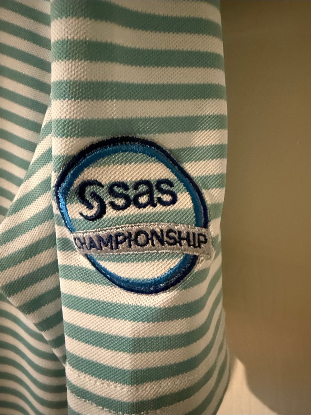 Men's Aqua and White Striped Performance Polo SAS Championship - Picture 3 of 7
